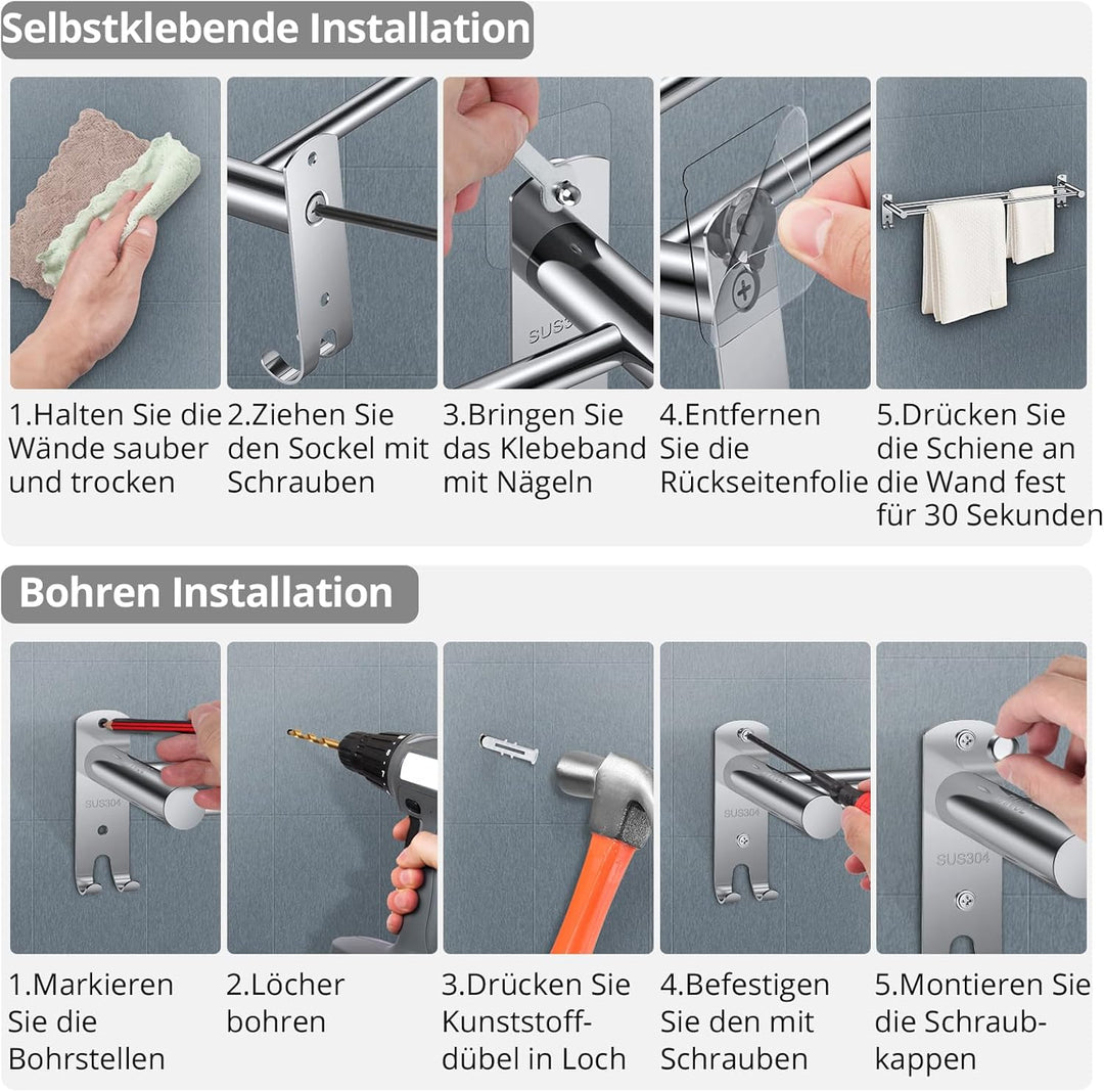 TANiCE 40-70cm Handtuchstange doppelt Bad einstellbar Edelstahl Selbstklebend Handtuchstange wandmon