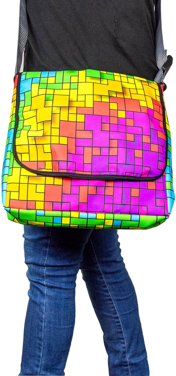 PSYWORK Schwarzlicht Umhänge Tragetasche Neon Fancy Rainbow Pixel Neon UV-aktiv wasserabweisend