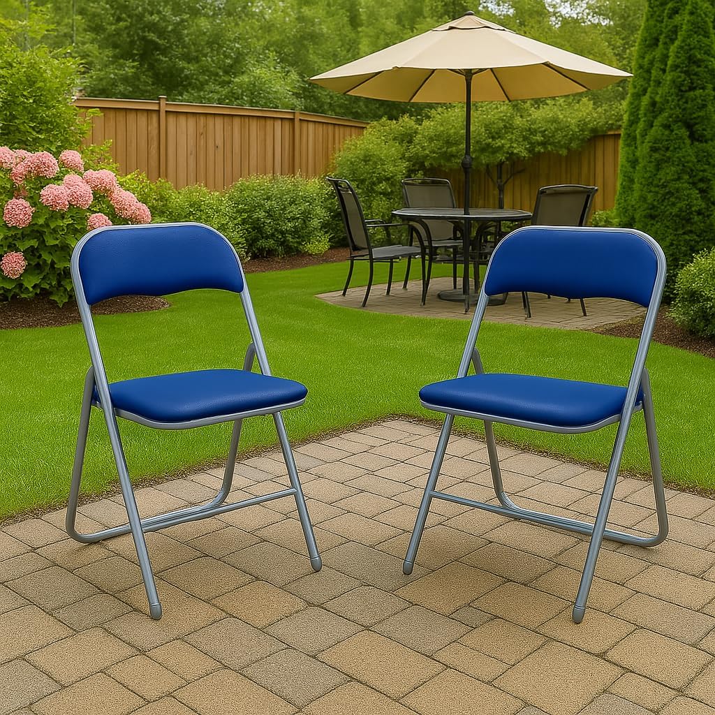 HAEST Set: 2X Klappstühle mit Metallrahmen und Kunstlederbezug, Silber-blau