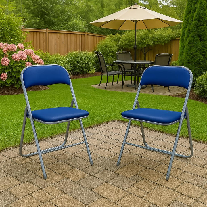 HAEST Set: 2X Klappstühle mit Metallrahmen und Kunstlederbezug, Silber-blau