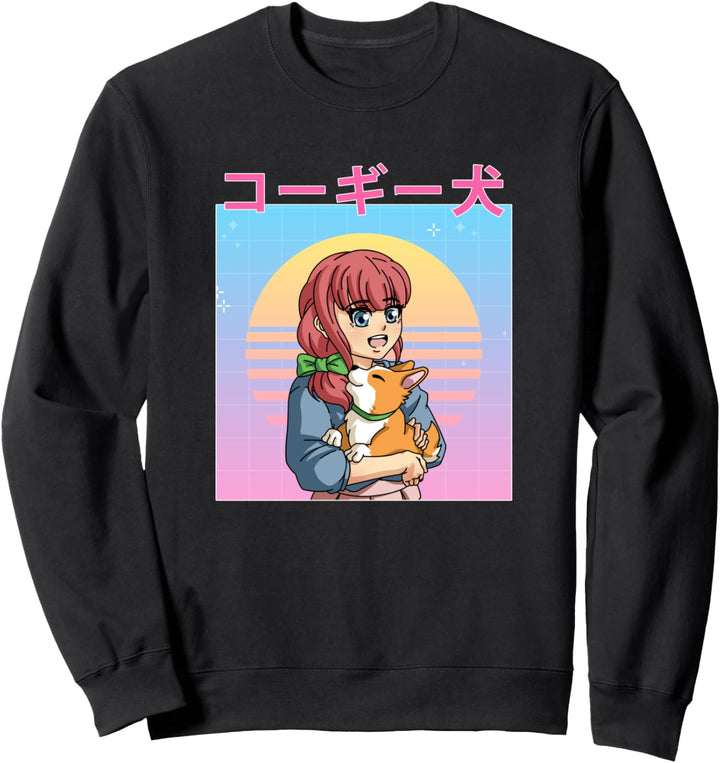 Retro 90er Jahre japanische Anime-Mädchen und Corgi Hund Sweatshirt