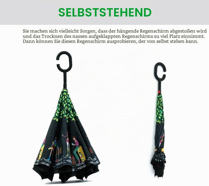 Jooayou Umdrehbarer Regenschirm mit 2 Flächen, C-förmiger Griff, rückseitig faltbarer Regenschirm, A