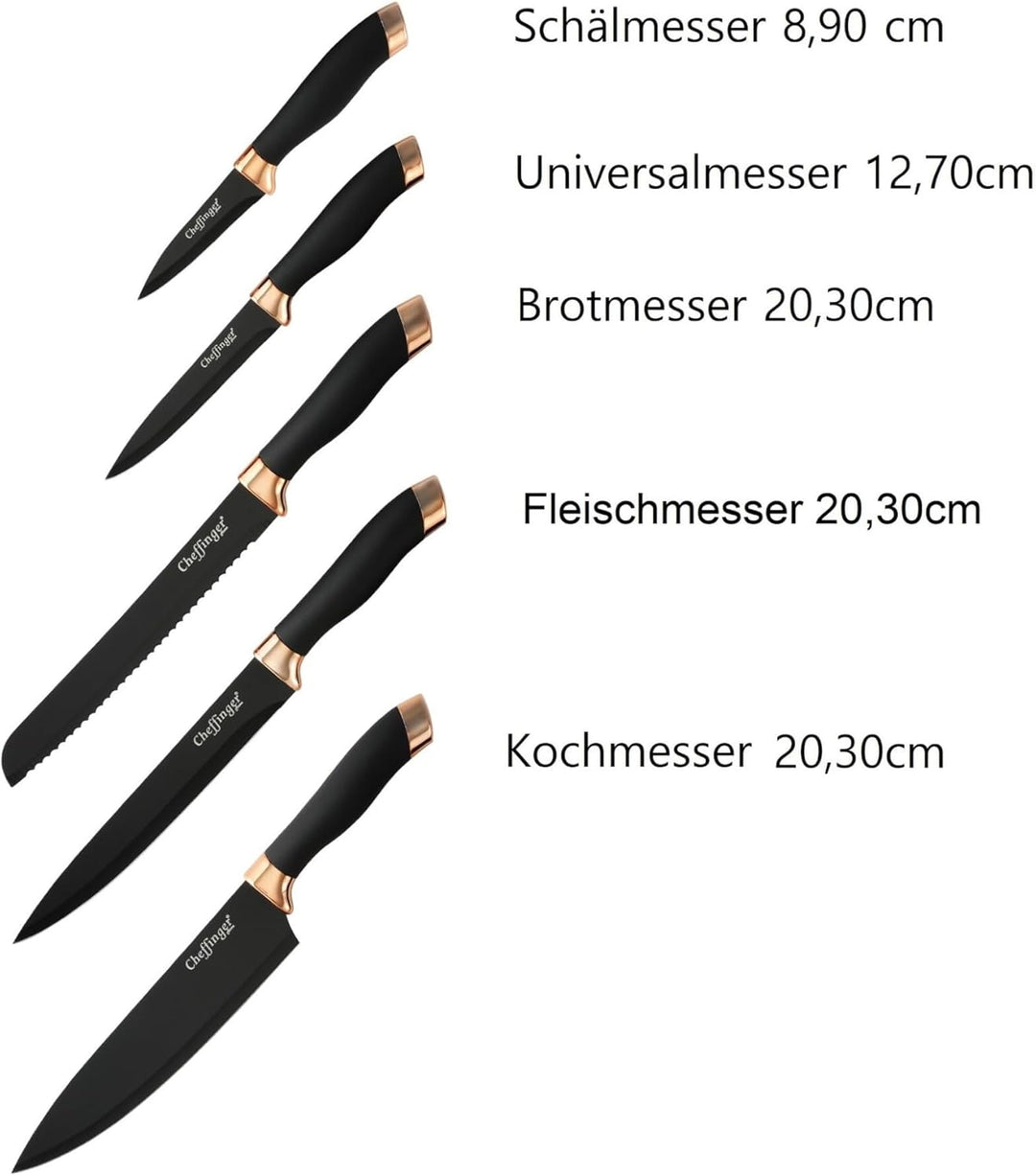 6 tlg. Messerset Kochmesser Messerständer drehbar Messerblock Schwarz-Gold