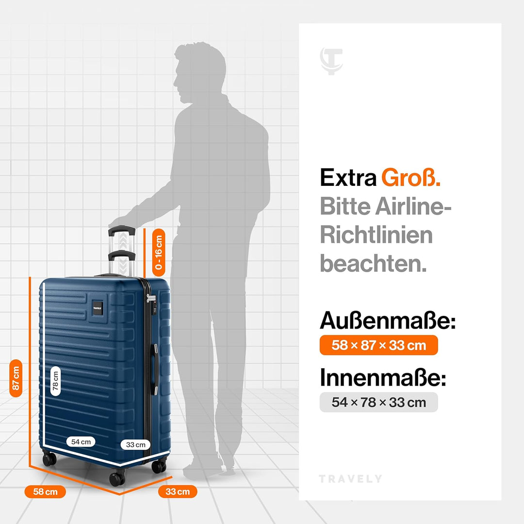 Travely Polycarbonat Koffer Gross 87cm XXL - 150L Innenvolumen, sehr robuster Hartschalenkoffer mit