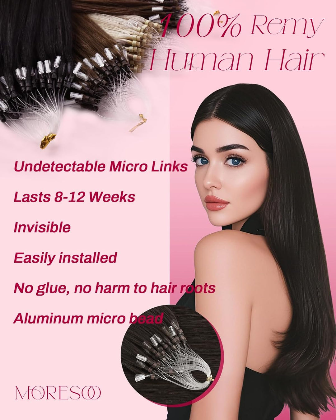 Moresoo Echthaar Extensions Microring Braun Echthaar 35cm Pre Bonded MicroRing Haarverlangerungen Re