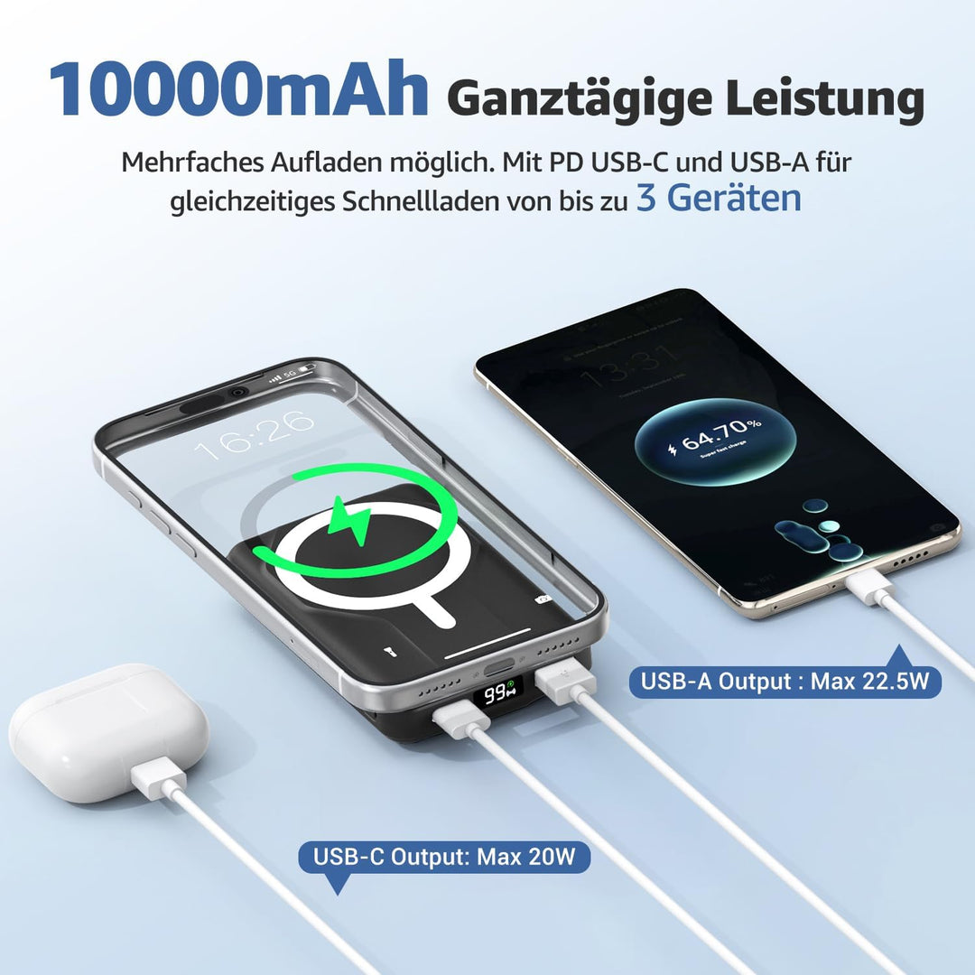 Magnetische Wireless Powerbank 10000mAh, Kompatibel mit MagSafe, Tragbare 15W Kabelloses Schnelllade