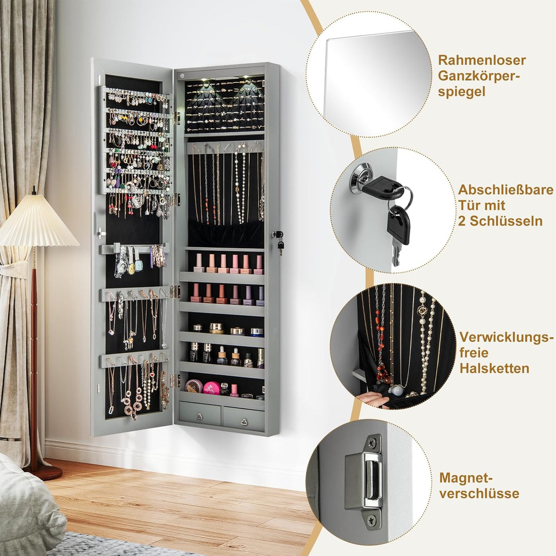RELAX4LIFE Schmuckschrank Hängend, Spiegelschrank mit LED-Beleuchtung & Spiegel & Schloss, Schmuckor