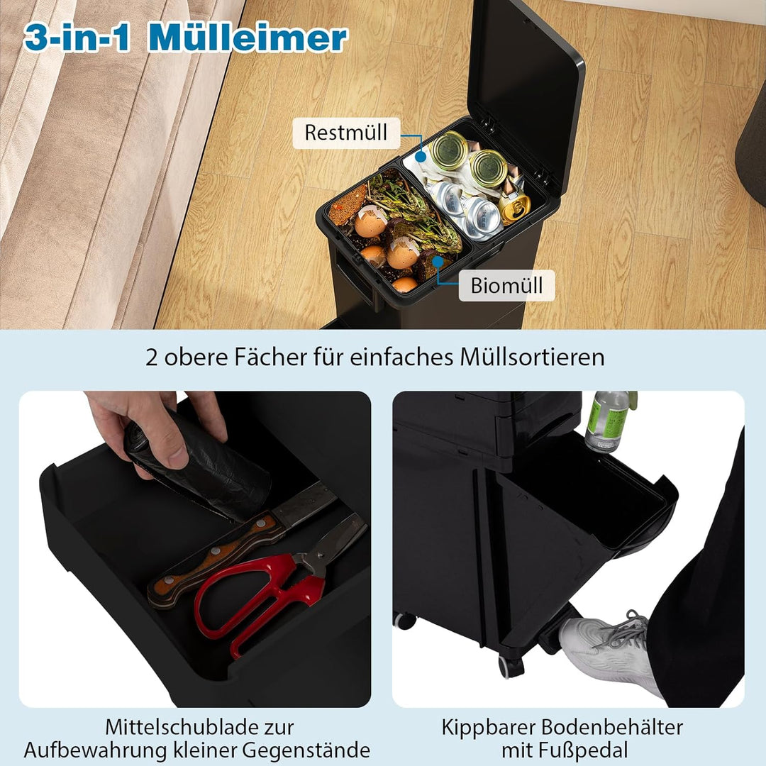 GOPLUS Mülleimer 3 Fächer, 32L Abfalleimer Küche mit Rollen, Mülltrennsystem mit Kippbehälter, Decke