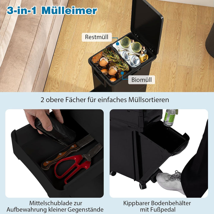 COSTWAY Mülleimer 3 Fächer, 32L Abfalleimer mit neigbarem Behälter, Schublade & Aufkleber, Tretmülle