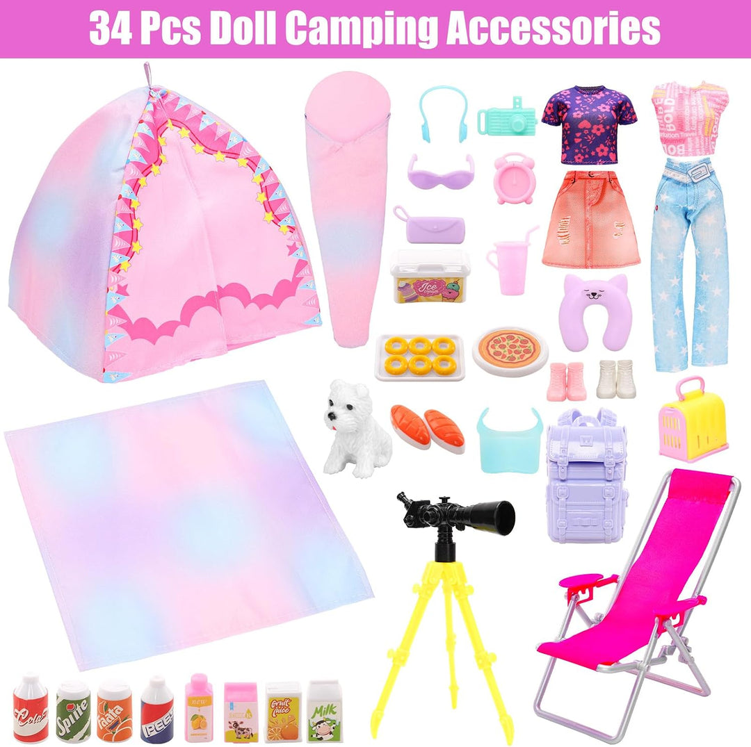 Miunana Camping Spielset mit Zelt Puppenkleidung Schlafsack Wanderrucksack Kleider Kleidung Zubehör