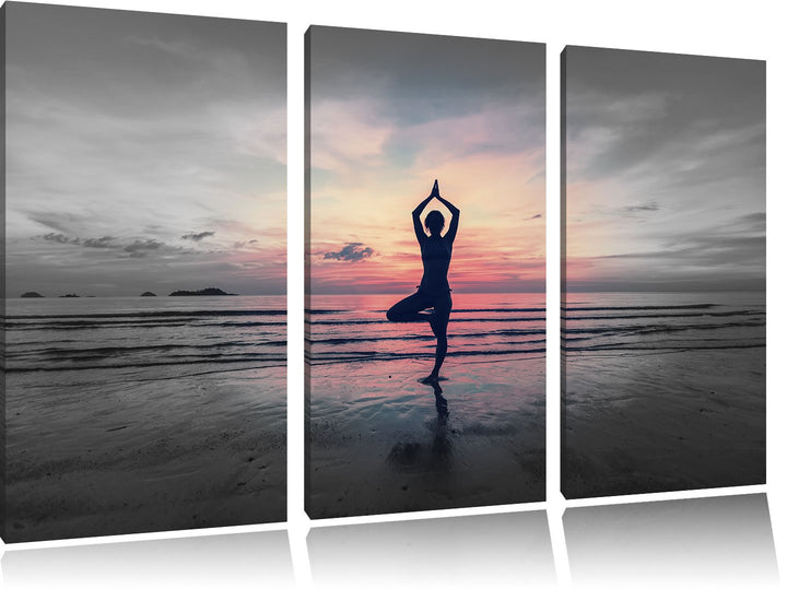 Pixxprint Yoga am Strand als Leinwandbild | Grösse: 3 Teilig (120x80) | Wandbild| Kunstdruck | ferti