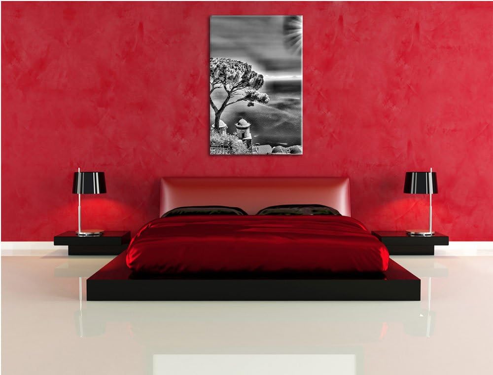 Pixxprint Baum am Azurblauen Meer / 100x70cm Leinwandbild bespannt auf Holzrahmen/Wandbild Kunstdruc