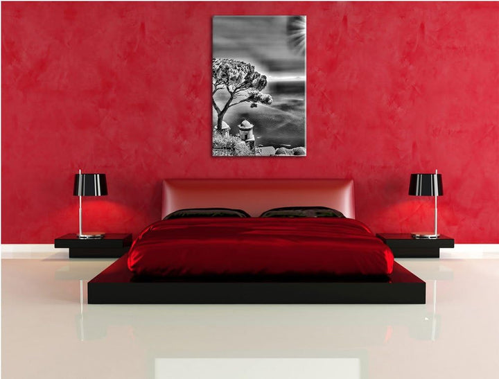 Pixxprint Baum am Azurblauen Meer / 100x70cm Leinwandbild bespannt auf Holzrahmen/Wandbild Kunstdruc