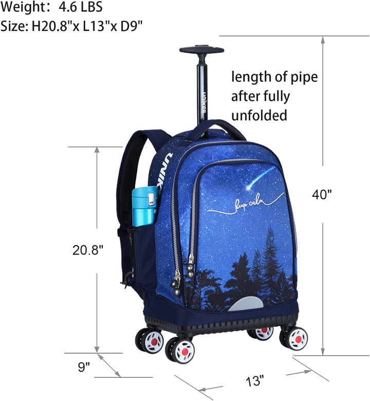 UNIKER Rollrucksack mit Rollen für Reisen, Rolltasche für Mädchen und Jungen, Laptoptasche mit Räder