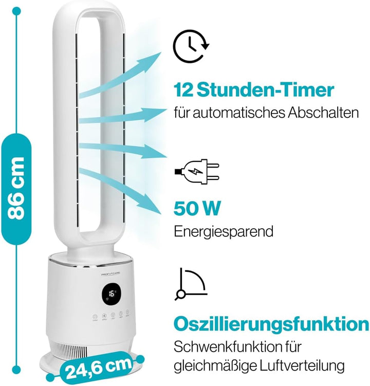 ProfiCare® Ventilator leise | flügelloser Turmventilator | mit Schwenkfunktion | 86cm hoch | inkl. F
