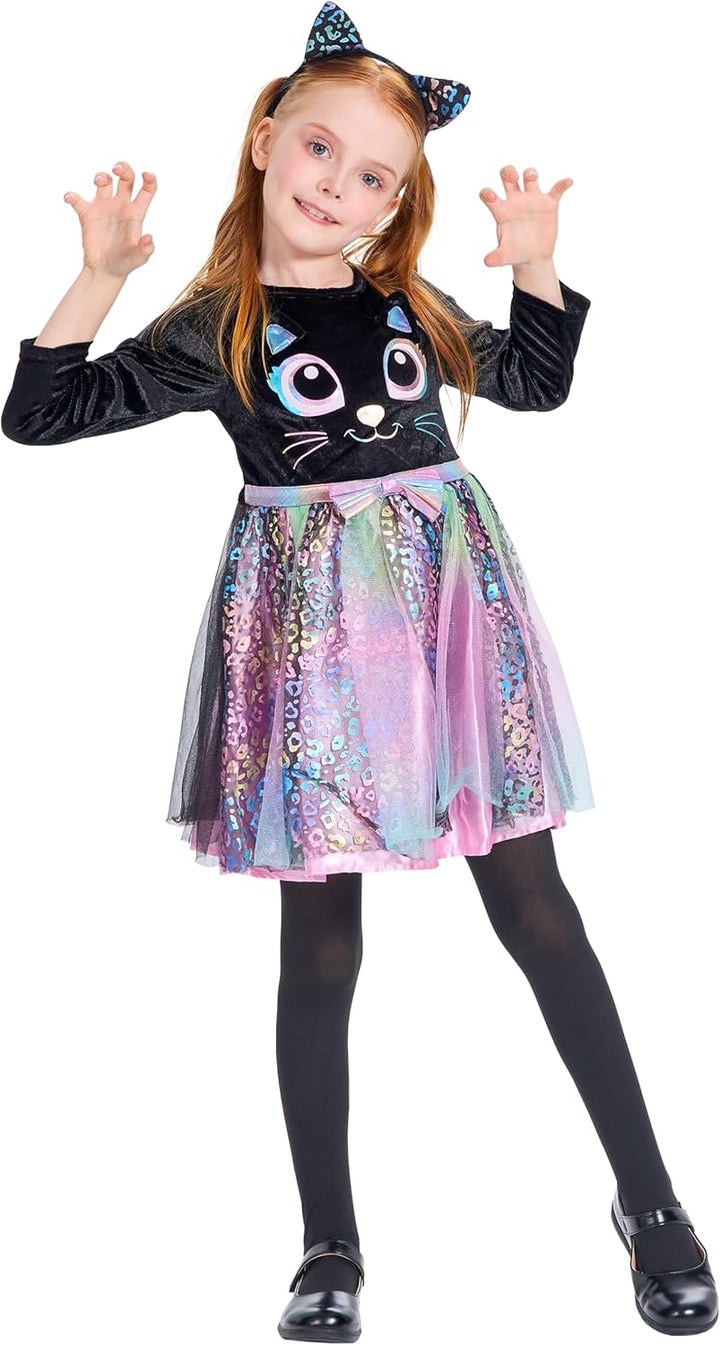 IKALI Baby Mädchen Katzen Kostüm Kleid Süsses Schwarzes Katze Outfit mit Regenbogen Tüllrock Für Kar