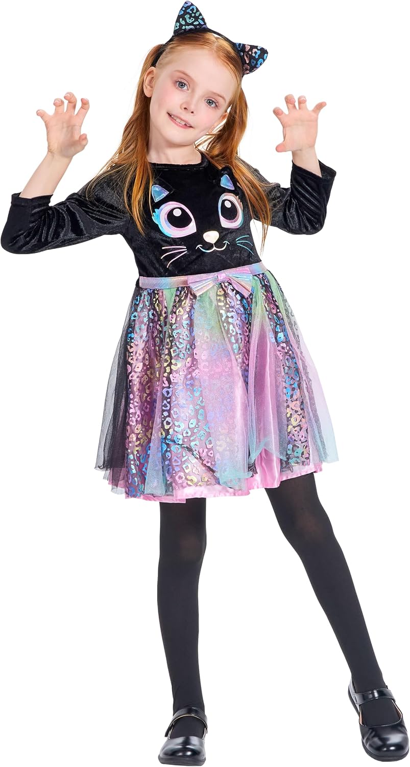 IKALI Baby Mädchen Katzen Kostüm Kleid Süsses Schwarzes Katze Outfit mit Regenbogen Tüllrock Für Kar