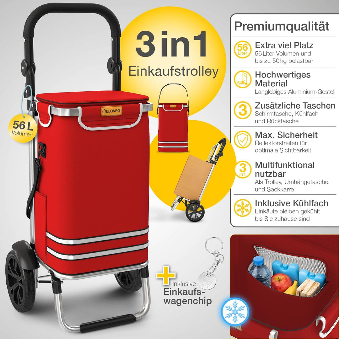 ELONEO Einkaufstrolley klappbar, Einkaufswagen mit Kühlfach, 3in1 Trolley, Sackkarre & Umhängetasche