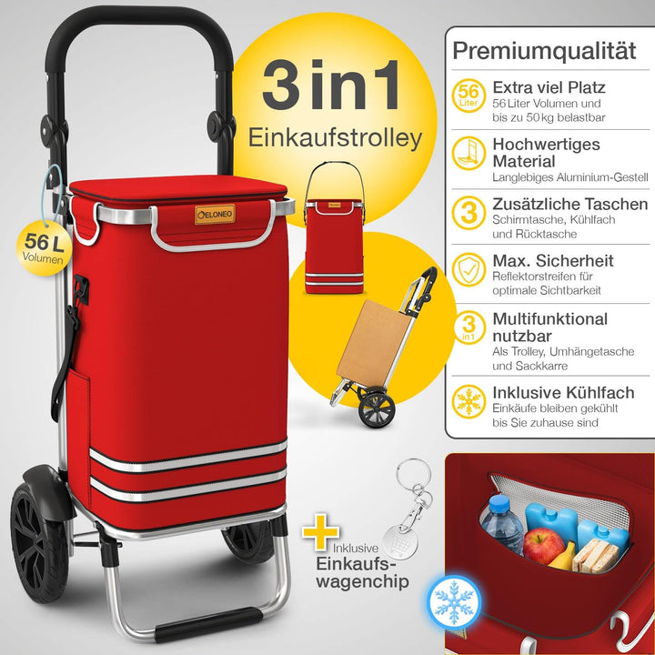 ELONEO Einkaufstrolley klappbar, Einkaufswagen mit Kühlfach, 3in1 Trolley, Sackkarre & Umhängetasche