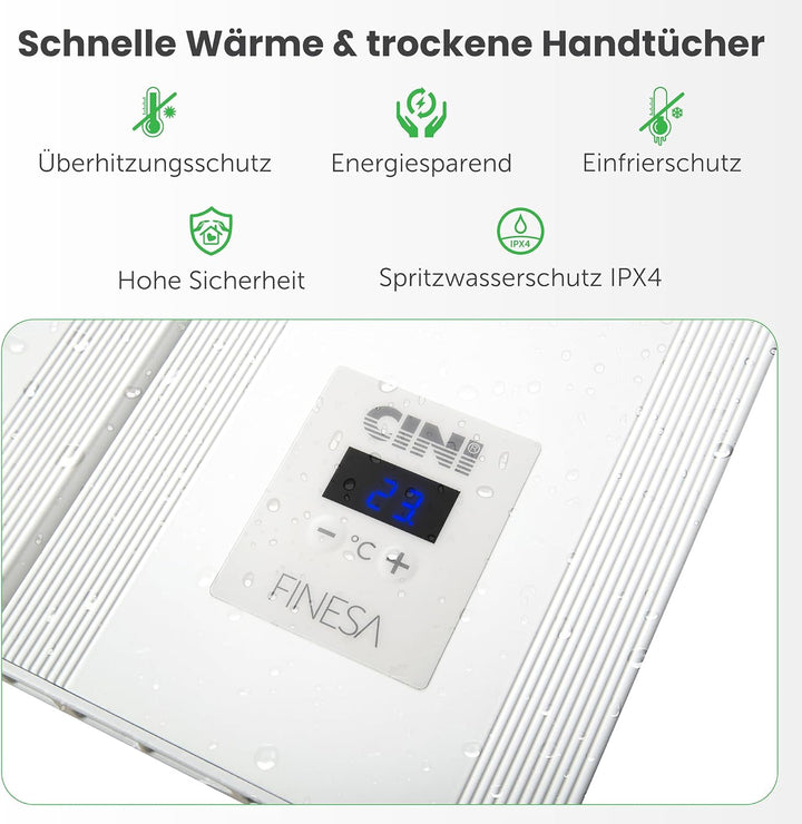 Finesa-D Badheizkörper elektrisch mit Thermostat 800×408 mm | 500 W – Flacher Paneel Design Handtuch