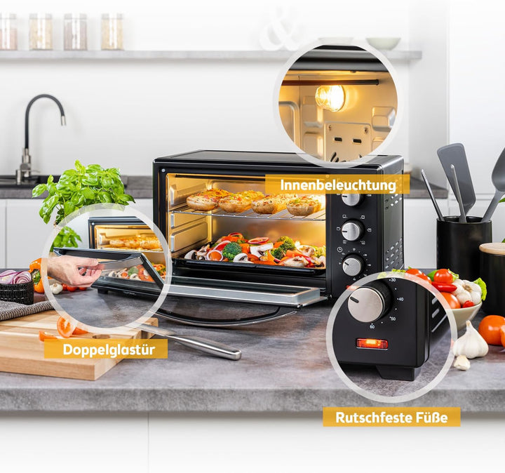 TZS First Austria - 19 Liter Minibackofen mit 1380 Watt schwarz| Unter-Oberhitze bis 230 Grad stufen
