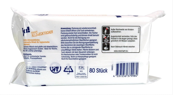ja! 480 Feuchte Reinigungstücher in Spenderverpackung 80 Stück - Mit frischem Zitronenduft (6x80 Stü