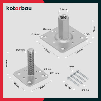 KOTARBAU® 4er Set Pfostenträger 80 x 80 mm Höhenverstelbar 90 – 150 mm Pfostenschuh Galvanisch Verzi