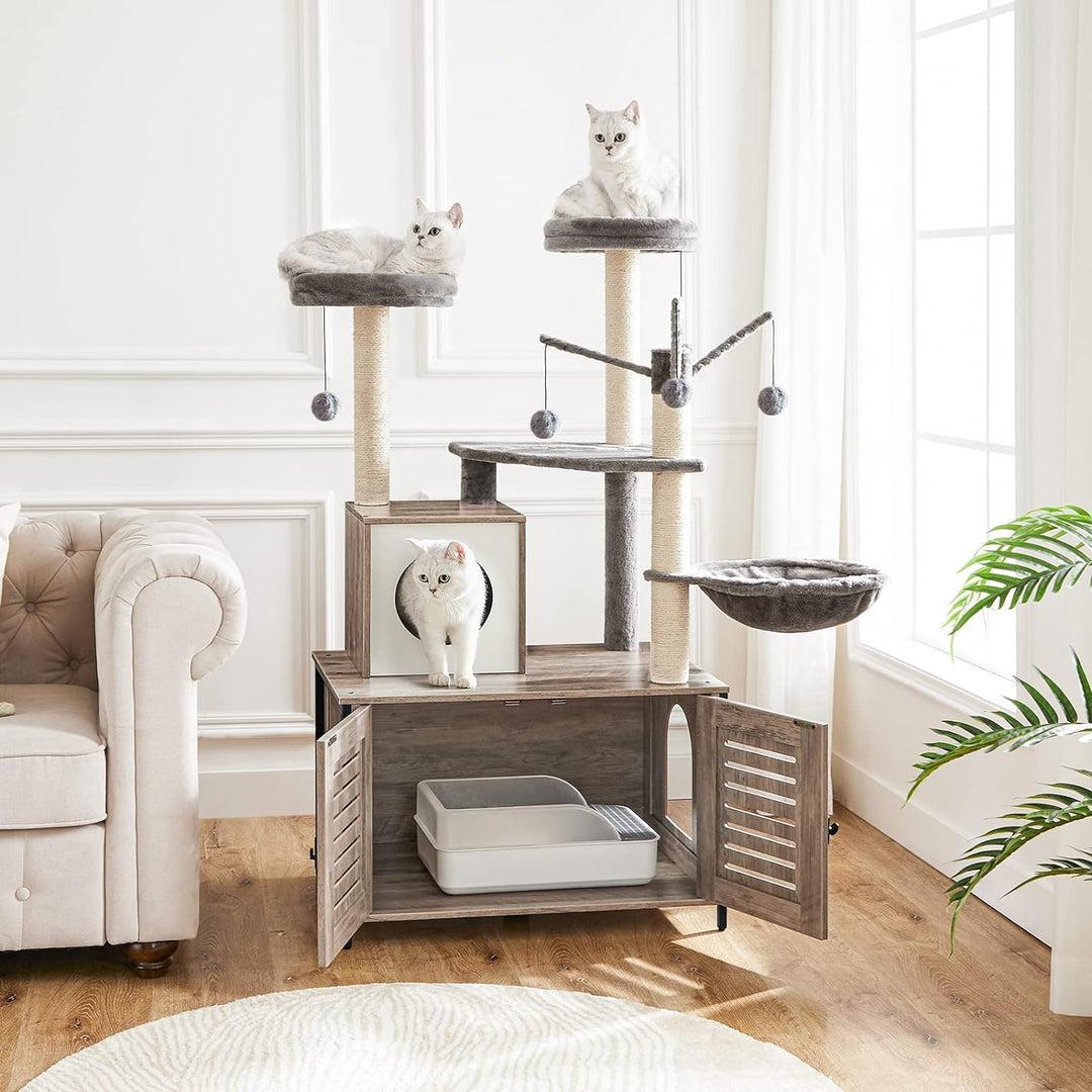 HOOBRO kratzbaum mit katzenklo Schrank, katzenbaumTurm, All-in-One-Katzenmöbel für drinnen, versteck