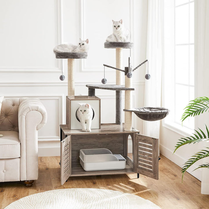 HOOBRO kratzbaum mit katzenklo Schrank, katzenbaumTurm, All-in-One-Katzenmöbel für drinnen, versteck