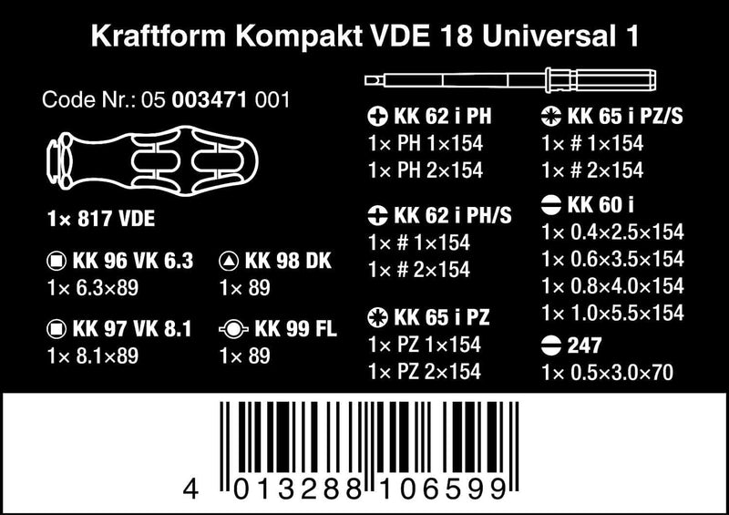 Wera 05003471001 Kraftform Kompakt VDE 18 Universal 1, VDE isolierter Schraubendrehersatz mit Wechse