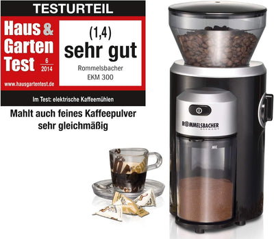 ROMMELSBACHER Kaffeemühle EKM 300 - Kegelmahlwerk aus Edelstahl, Mahlgrad in 12 Stufen, Mengendosier