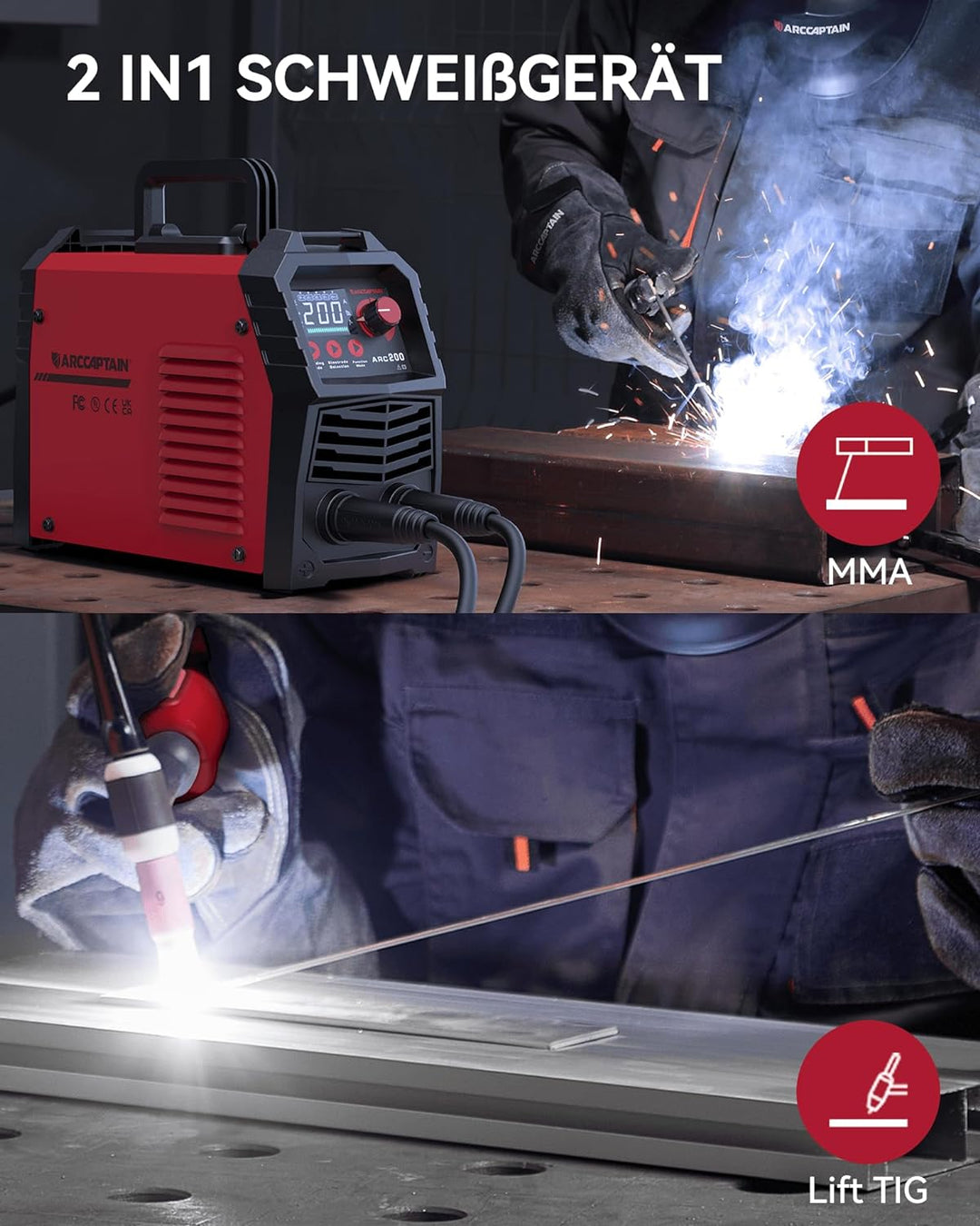 ARCCAPTAIN ARC 200 Schweissgerät: 200A IGBT DC Schweissgerät mit LED-Anzeige, Synergetische Steuerun