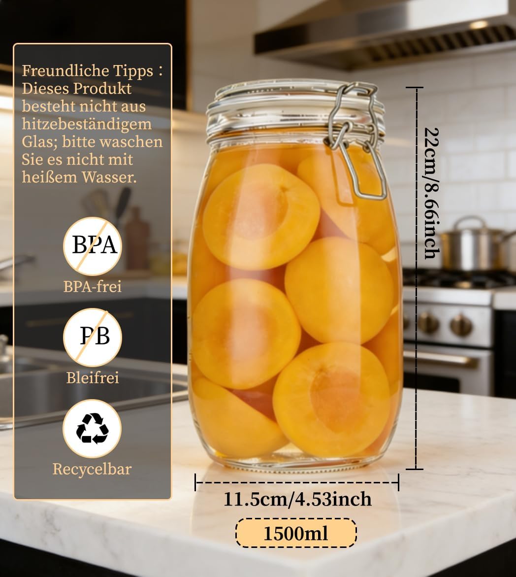 1.5L Einmachgläser, 2 Stück Fermentierglas Premium Einmachgläser mit Bügelverschluss Gläser mit Deck