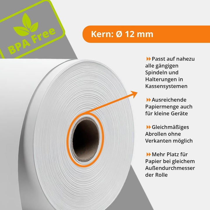 50 Stk. Thermorollen | 57x10x12 mm Ø32mm | Länge: 10 m | BPA frei | für EC Cash Geräte | Thermopapie