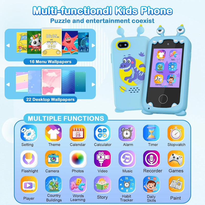 Kinder Handy Spielzeug Kinder 3–12 Jahren, Kid Phone mit MP3-Player, Dual-Kamera, 1080P HD Touchscre