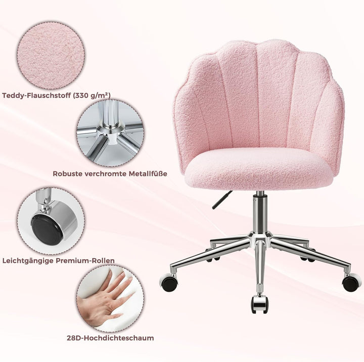 Schminktisch Stuhl mit Rollen, Drehstuhl für Mädchen, Muschelstuhl für Schlafzimmer und Home Office,