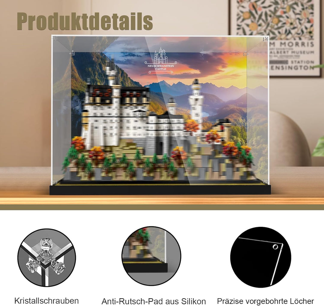 cooldac Acryl-Vitrine für Lego Schloss Neuschwanstein 21063, Transparente Acryl-Vitrine mit klarem H