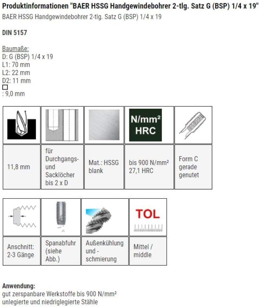 BAER HSSG Handgewindebohrer 2-tlg. Satz G (BSP) 1/4 x 19 - Handgewindebohrer Set - Rohrgewinde - Gew