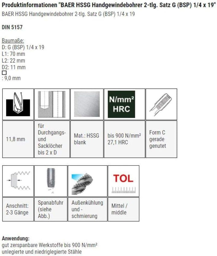 BAER HSSG Handgewindebohrer 2-tlg. Satz G (BSP) 1/4 x 19 - Handgewindebohrer Set - Rohrgewinde - Gew