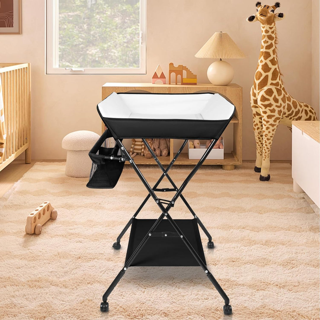 OHMG Baby Wickelkombi Klappbare Wickelkommode,Wickeltisch mit Rollen,Mobiler Wickeltisch mit Wickela