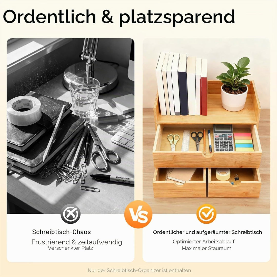 Bambus Schreibtischorganizer mit 3 Schubladen, Holz Schreibtischorganizer, Multifunktionaler Schreib
