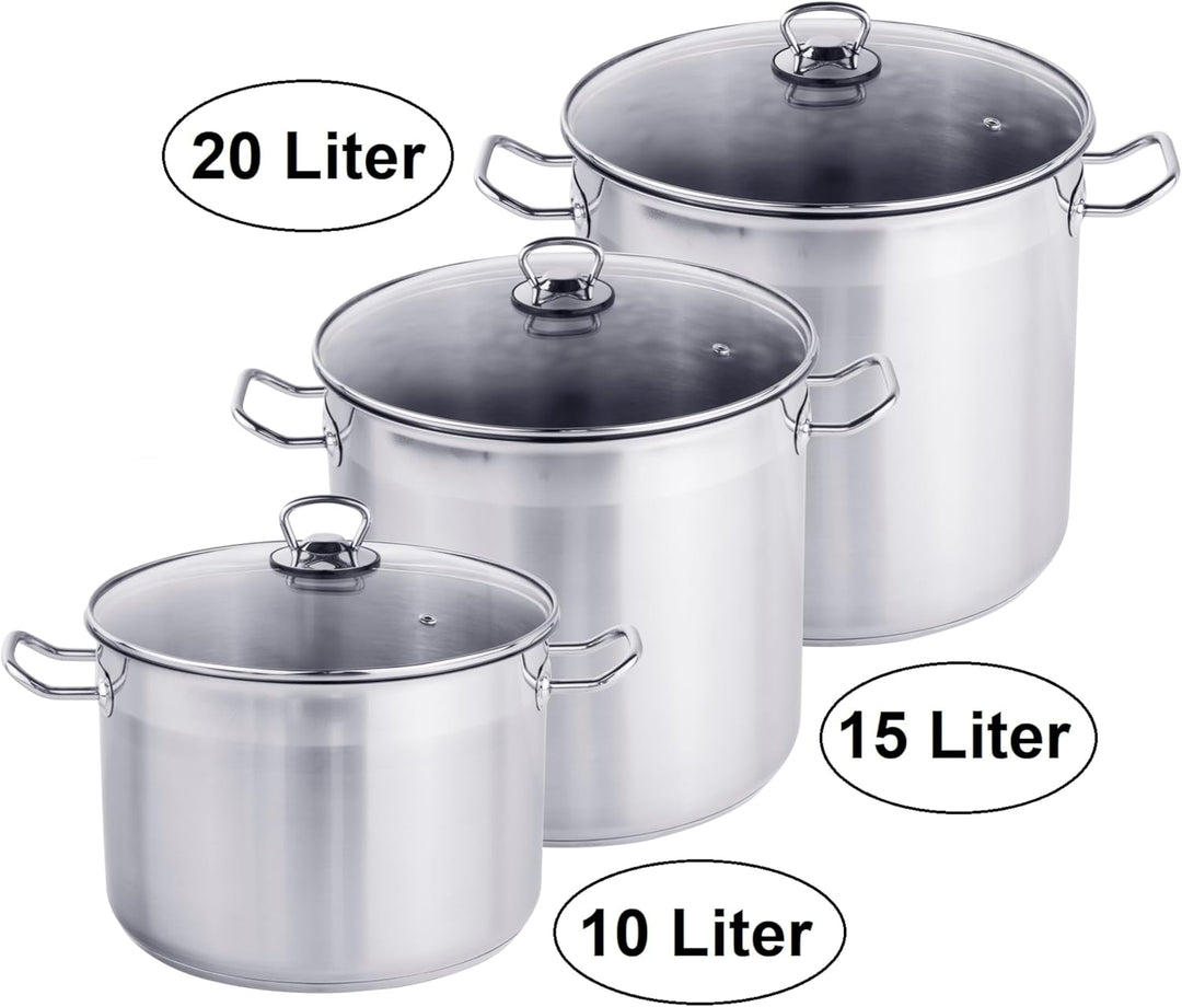 XXL-Set Profi Universalkochtopf Suppentopf Jumbotopf 10-20 Liter, Silber - für alle Herdarten auch I