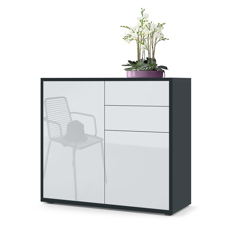 Vladon Sideboard Ben, Kommode mit 2 Türen und 2 Schubladen, Schwarz matt/Weiss Hochglanz (79 x 74 x
