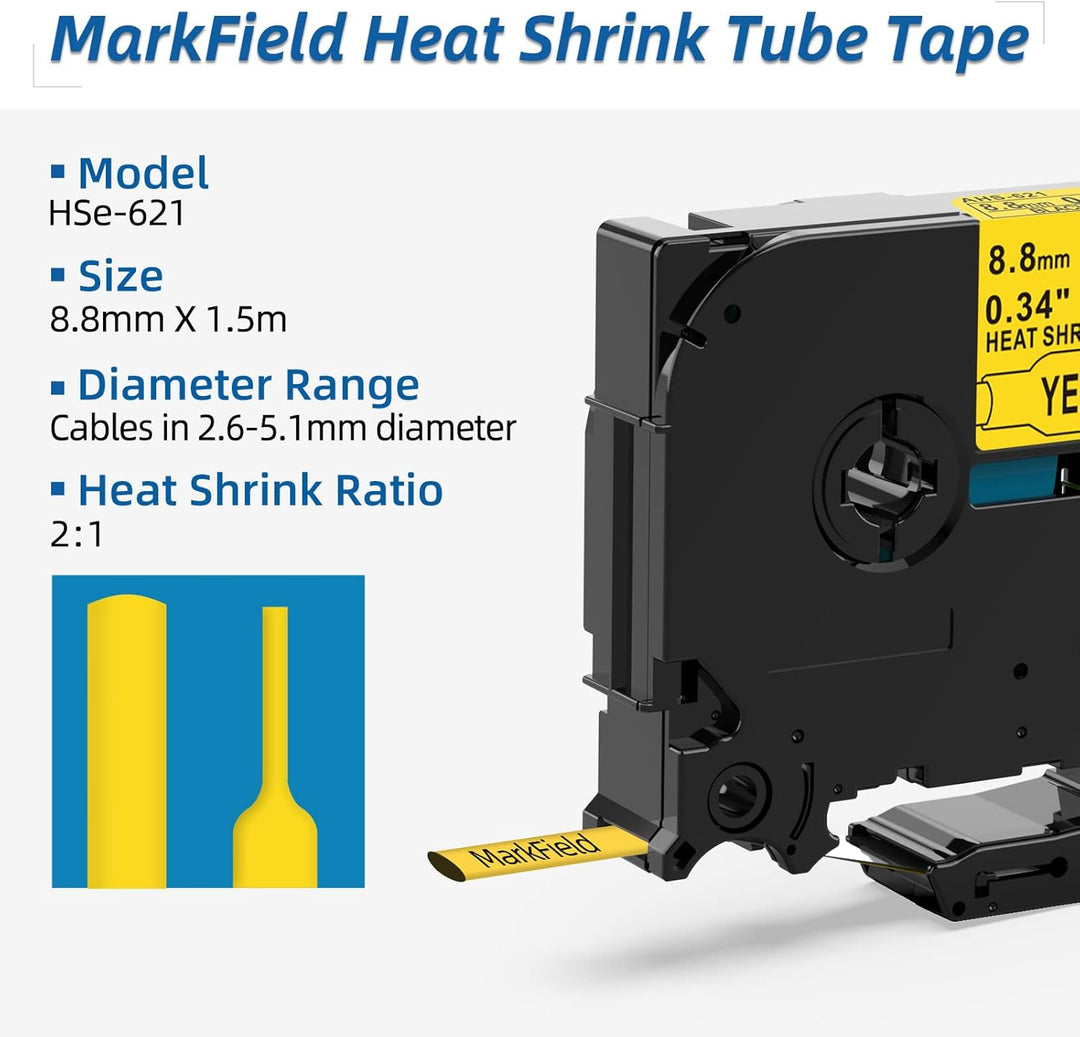 3x MarField HSe-621 8.8mm Schrumpfschlauch Schriftband Kompatibel mit Brother P-touch HS HSe621 Heat