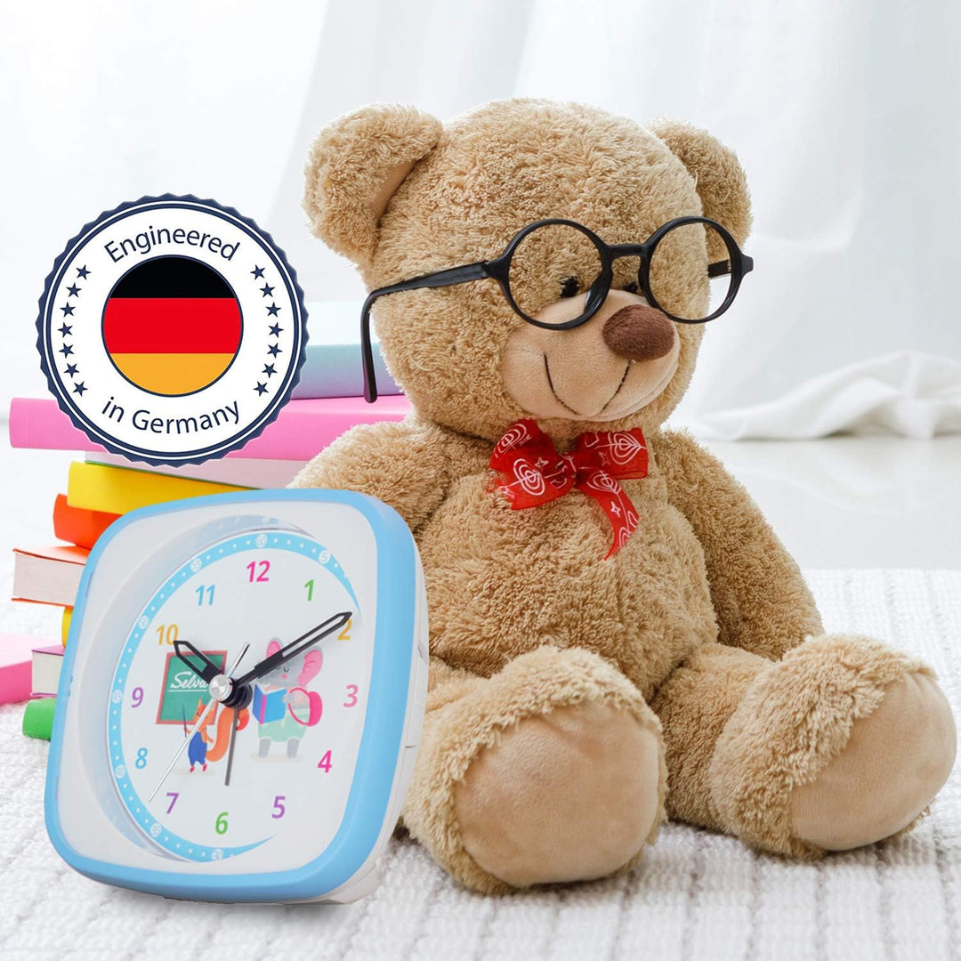 SELVA Quarzwecker für die Einschulung mit Eichhörnchen und Elefant Motiv blau/weiss. Schleichende Se