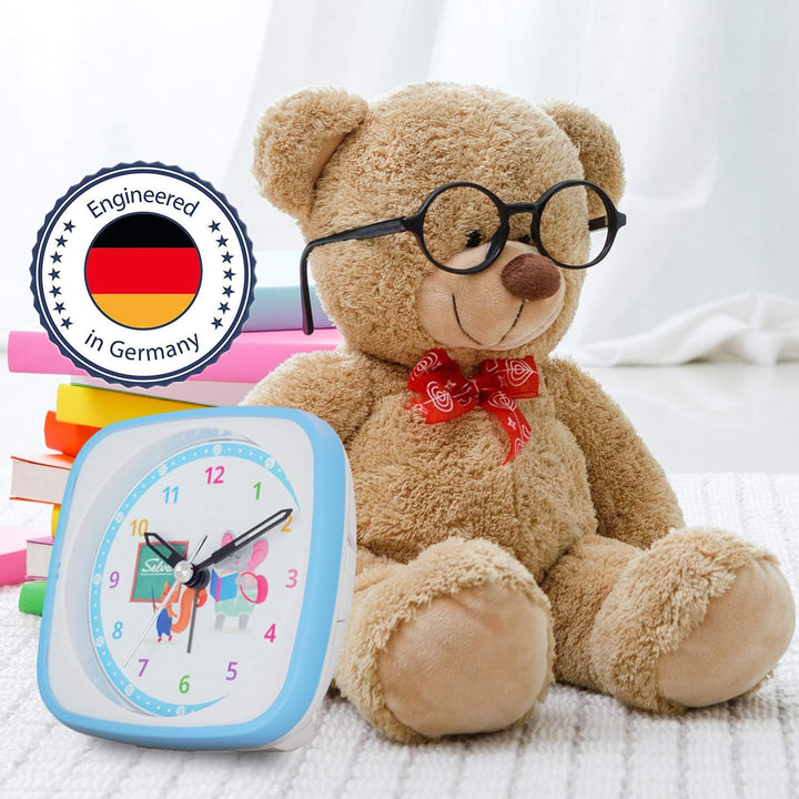 SELVA Quarzwecker für die Einschulung mit Eichhörnchen und Elefant Motiv blau/weiss. Schleichende Se