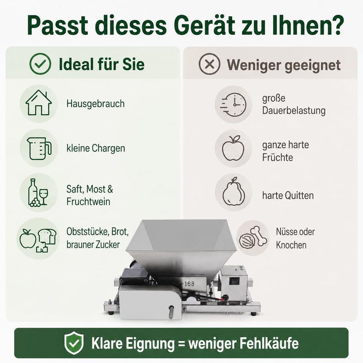 Elektrische Obstmühle Edelstahl 60W, Obstzerkleinerer mit 20kg/h &amp; Vor-/Rücklauf, Fruchtmühle Mostmü