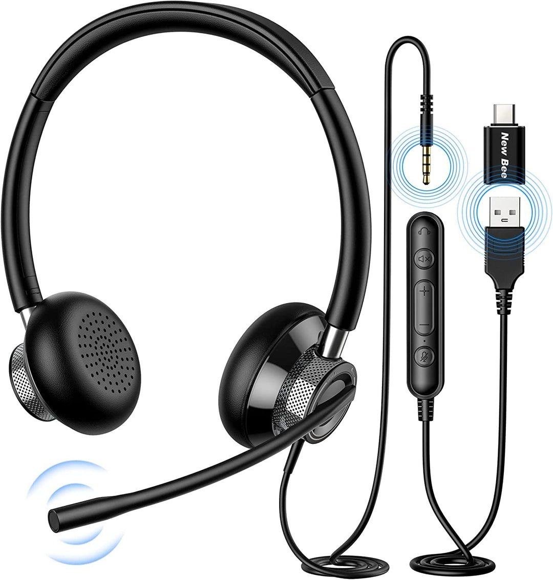 New Bee Headset PC Computer Headset mit Mikrofon Business Headsets USB Typ-C 3.5mm für Call Center O
