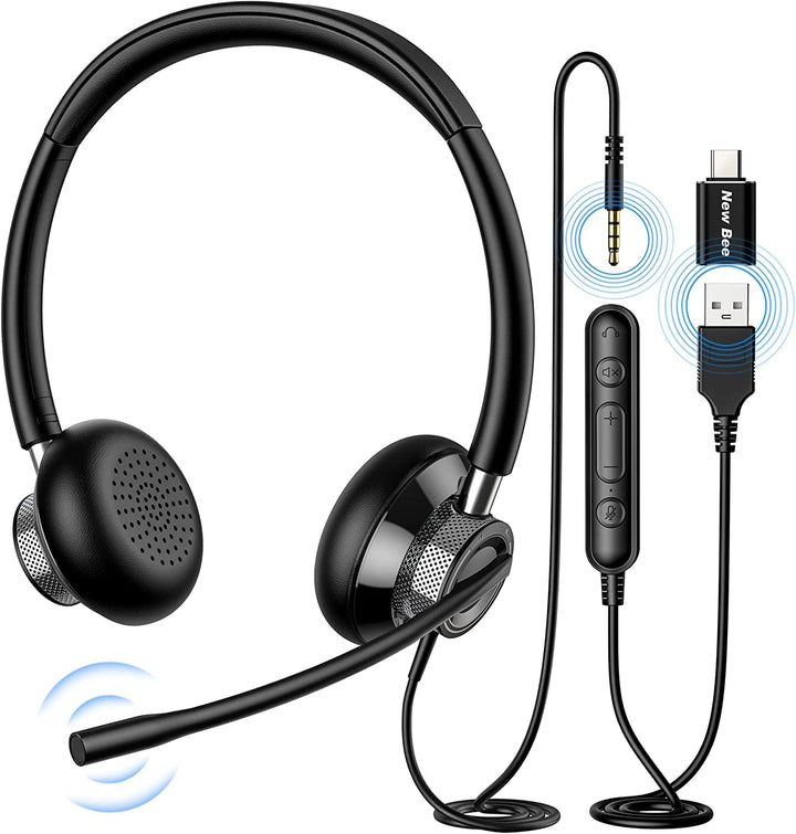 New Bee Headset PC Computer Headset mit Mikrofon Business Headsets USB Typ-C 3.5mm für Call Center O