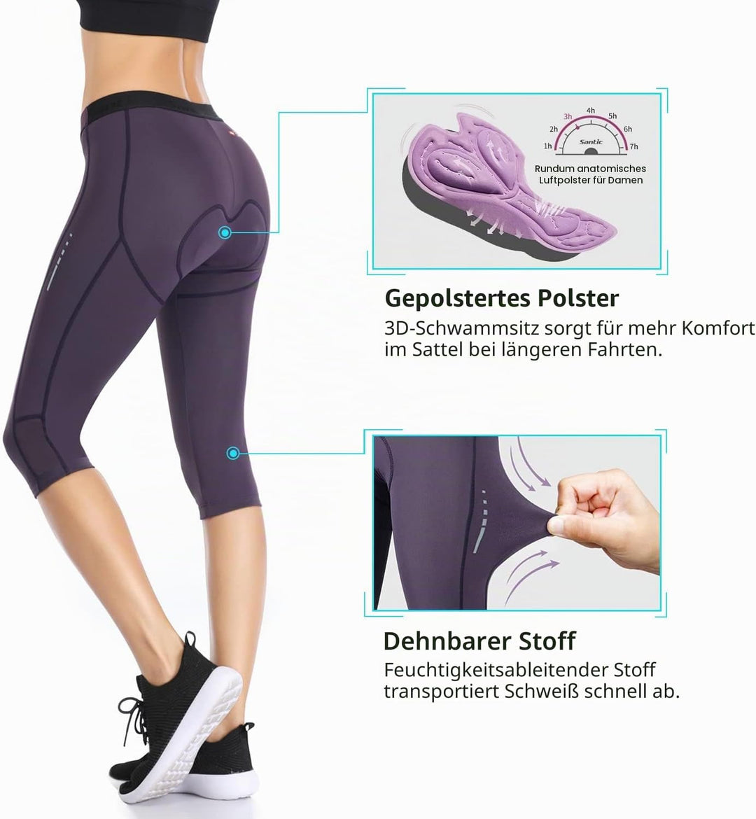 Santic Damen 3/4 Radhose Radsportshorts Gepolstert Fahrradhose Frauen Radsport-Leggings Tights Sitzp
